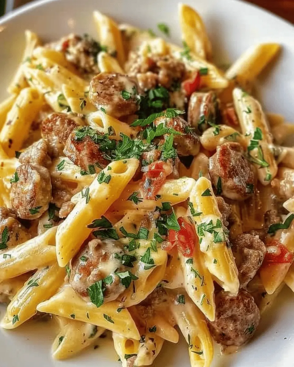 Creamy Sausage Pasta Delight with Turkey Bacon and Chicken Ham
