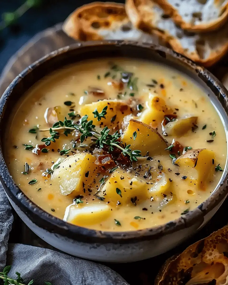 Hearty Cheddar Garlic Herb Potato Soup Recipe with Turkey Bacon