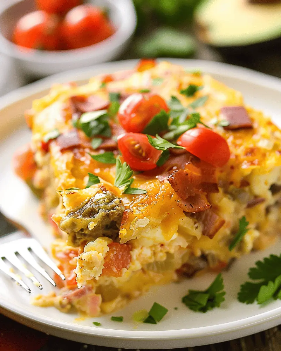 Slow Cooker Overnight Breakfast Casserole with Turkey Bacon &amp; Chicken Ham