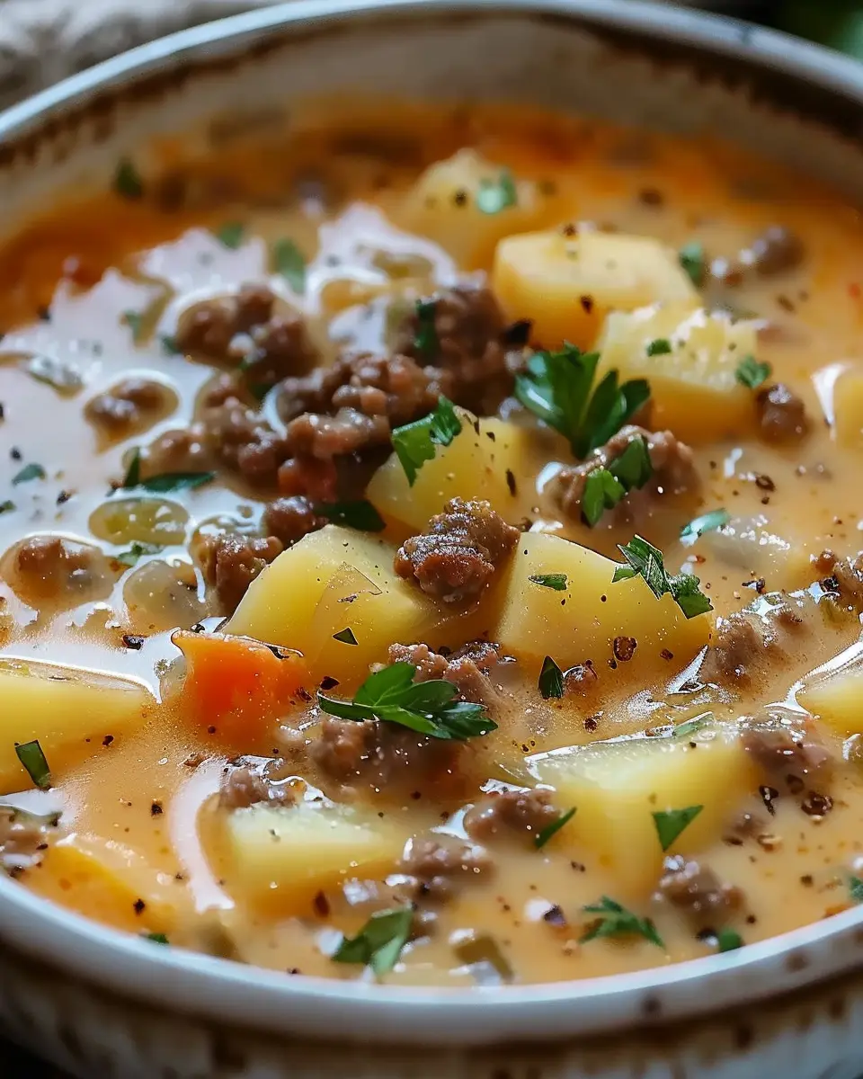 Easy Cheesy Hamburger Potato Soup with Turkey Bacon Delight