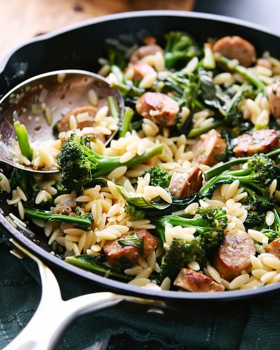 broccolini chicken sausage orzo skillet: easy weeknight delight