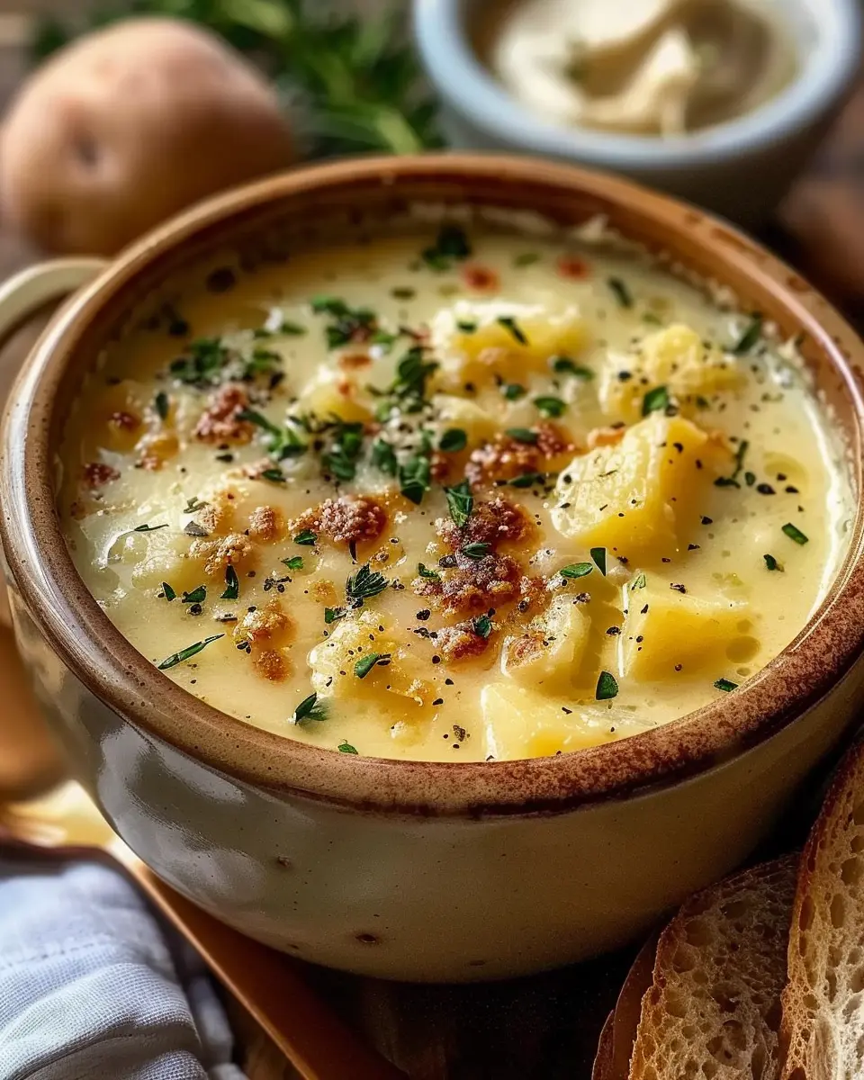 Hearty Cheddar Garlic Herb Potato Soup with Savory Turkey Bacon