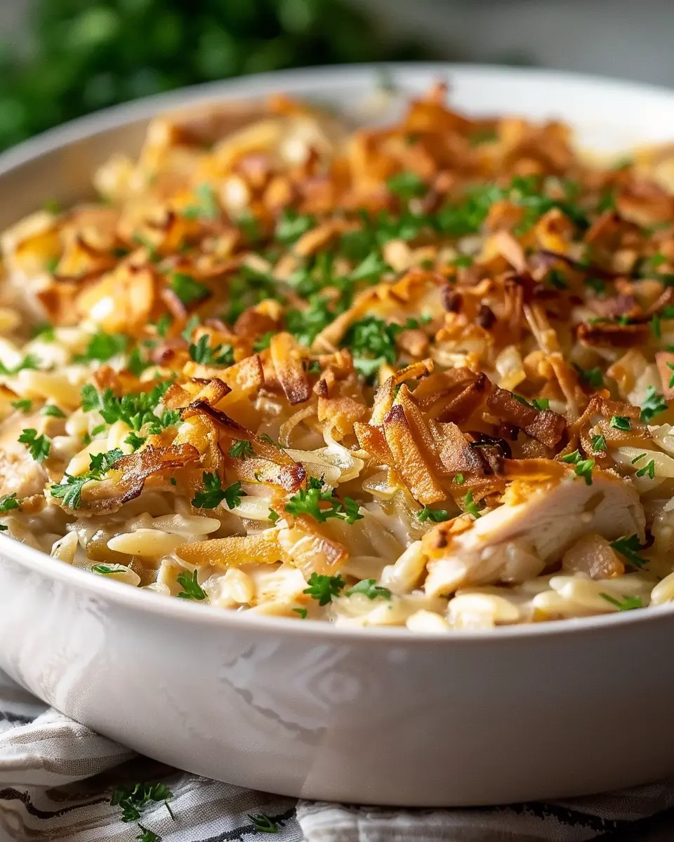 French onion chicken orzo casserole: a cozy, indulgent dish