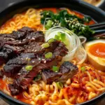 Spicy Korean Ramen with Grilled Beef & Creamy Sauce