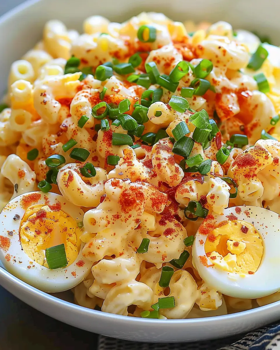 Deviled Egg Macaroni Salad with Turkey Bacon and Chicken Ham Delight