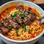 Spicy Korean Ramen with Grilled Beef & Creamy Sauce