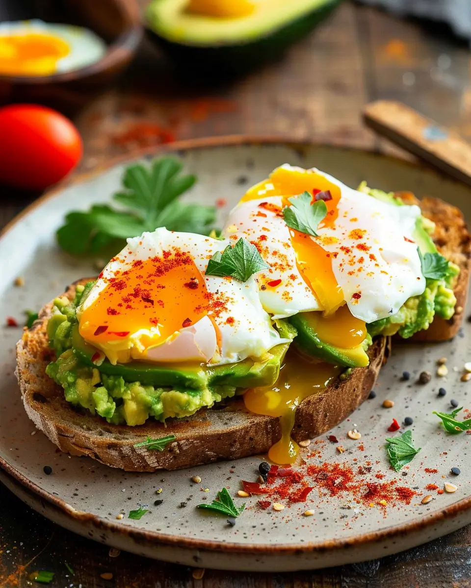 Potato Avocado Toast with Perfectly Poached Eggs and Turkey Bacon